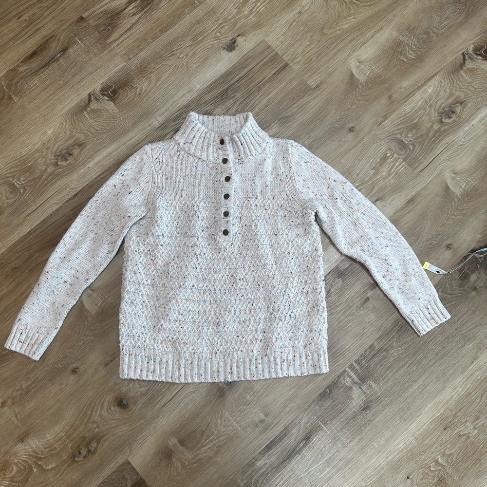 Talbots Cream Speckled Button-Front Turtleneck Sweater